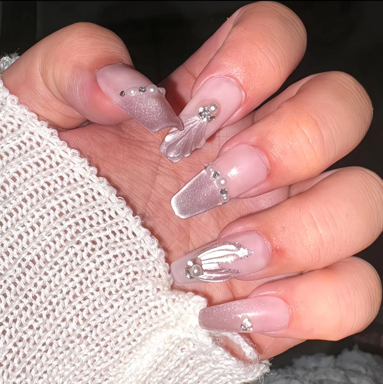 Crystal Bow Charm Nude Nails