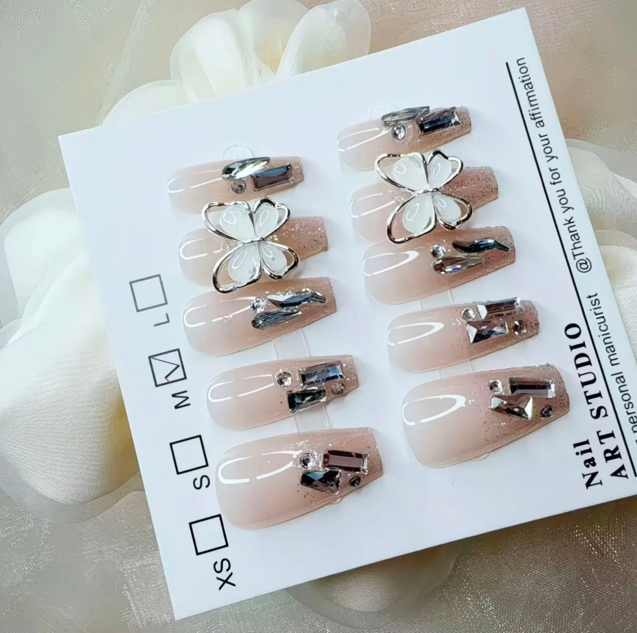 Butterfly Charm Nude Nails – Crystal Glitter Press-On Set