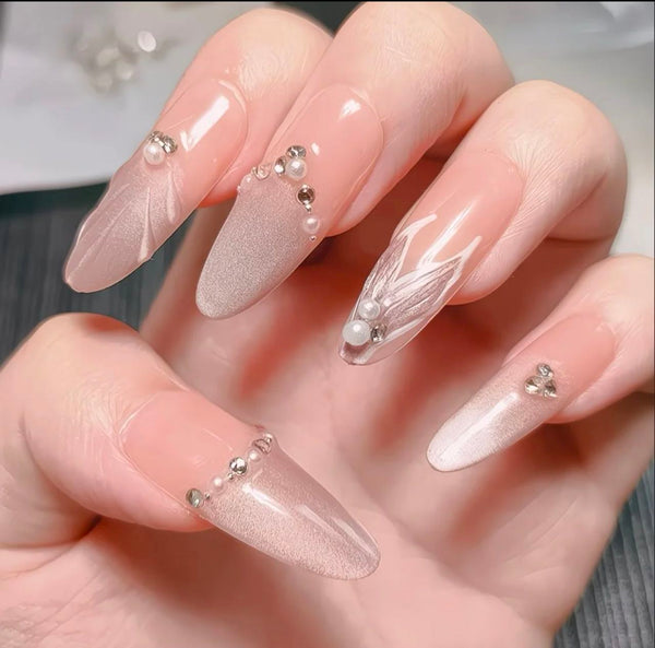 Crystal Bow Charm Nude Nails