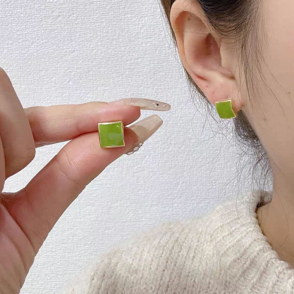 Emerald Green Minimalist Square Stud Earrings