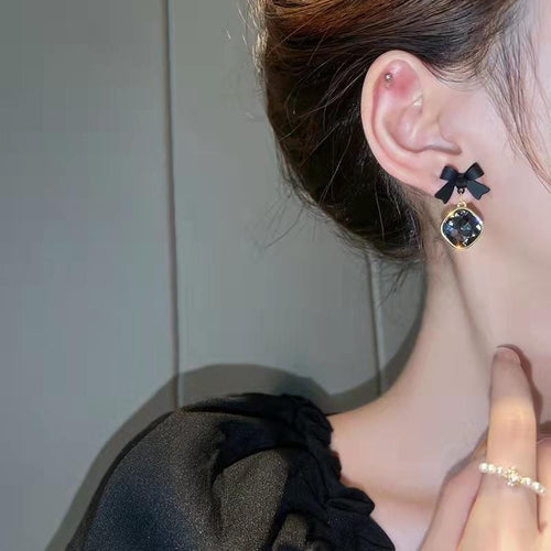Black Bow Crystal Drop Earrings