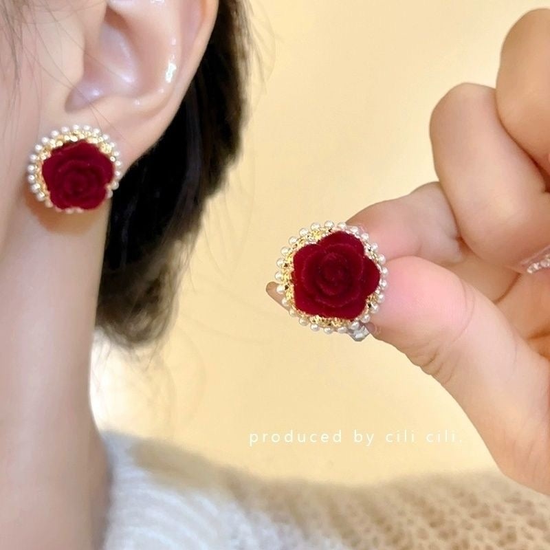 Red Velvet Rose Pearl Stud Earrings