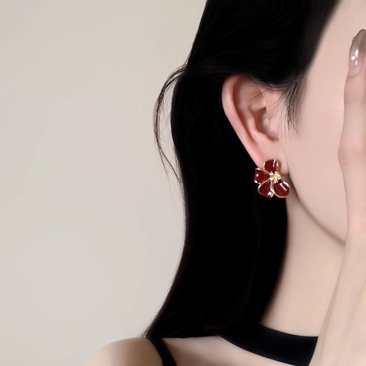 Elegant Red & Pink Enamel Flower Stud Earrings