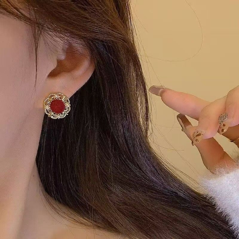 Vintage Red Velvet Floral Stud Earrings