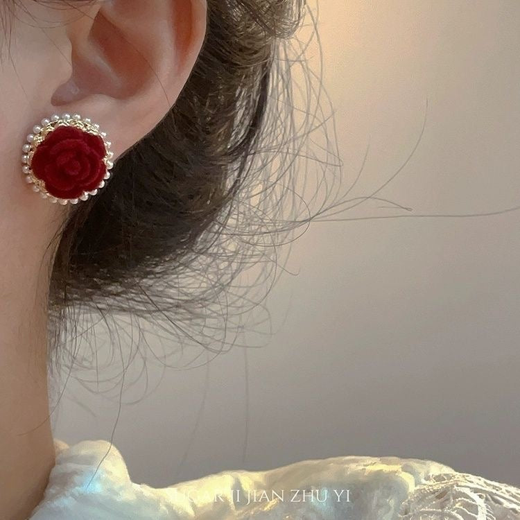 Red Velvet Rose Pearl Stud Earrings