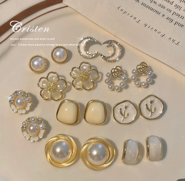 Cristen Pearl & Floral Earring Set – 9 Pairs Elegant Gold Design