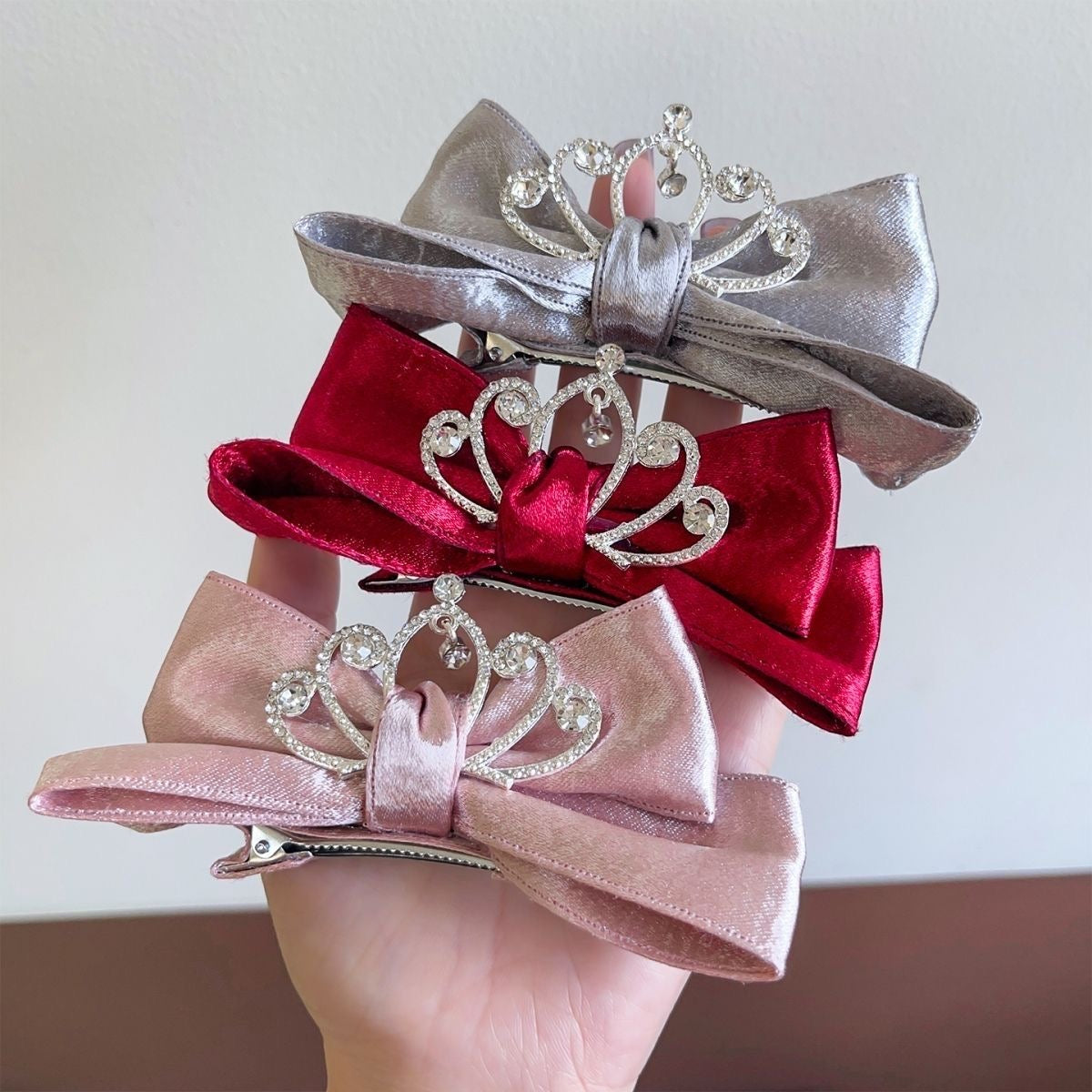 Princess Crown Satin Bow Hair Clip – Rhinestone Tiara Barrette
