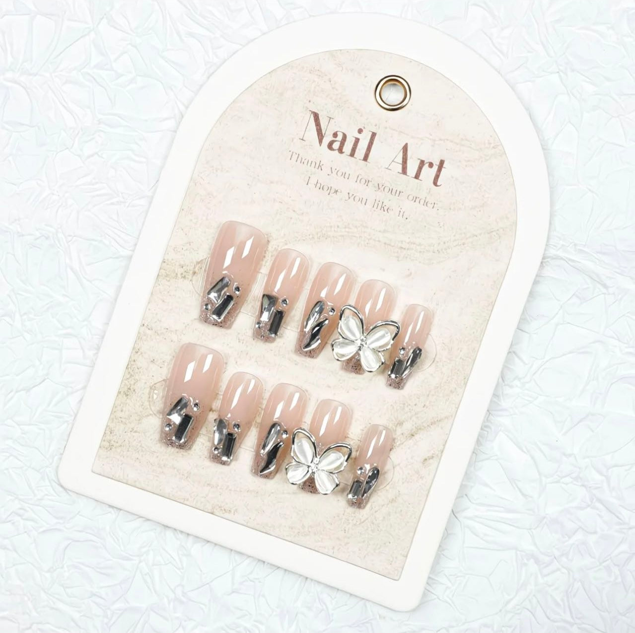 Butterfly Charm Nude Nails – Crystal Glitter Press-On Set