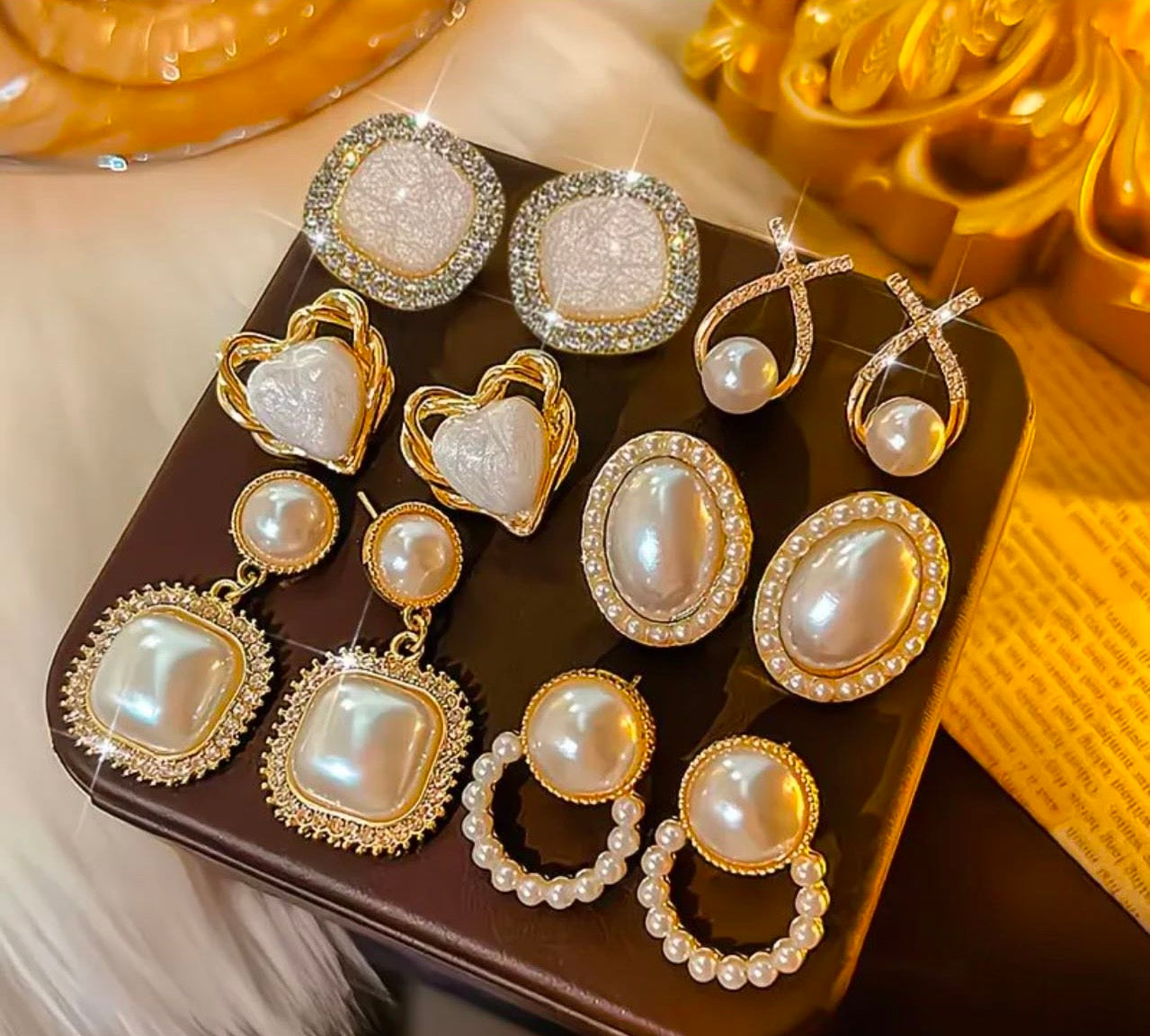 Elegant Pearl & Gold Crystal Earring Set – 6 Pairs Luxury Collection
