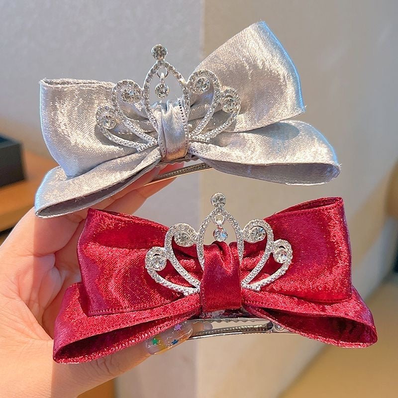 Princess Crown Satin Bow Hair Clip – Rhinestone Tiara Barrette
