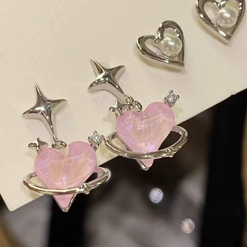 Pink Heart & Star Crystal Earrings Set