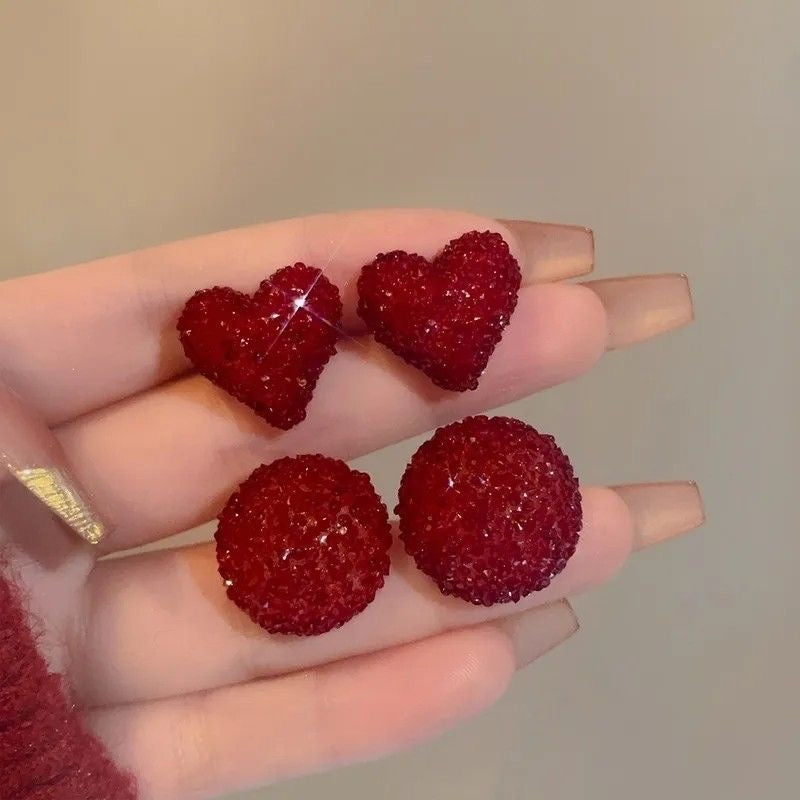 Sparkling Heart & Round Crystal Stud Earrings