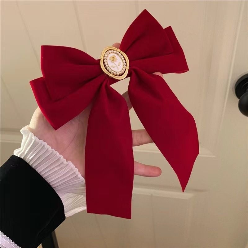 Vintage Velvet Bow Hair Clip with Cameo Pearl Barrette