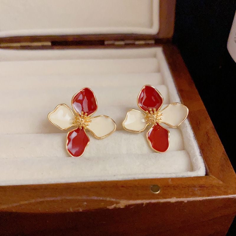 Elegant Floral Enamel Stud Earrings – 4 Color Collection