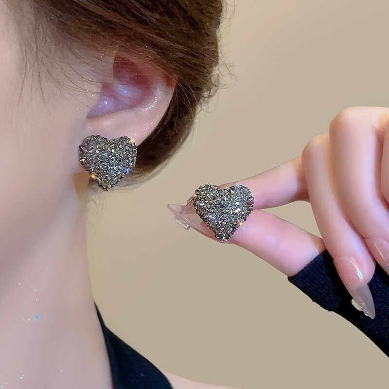 Sparkling Heart & Round Crystal Stud Earrings