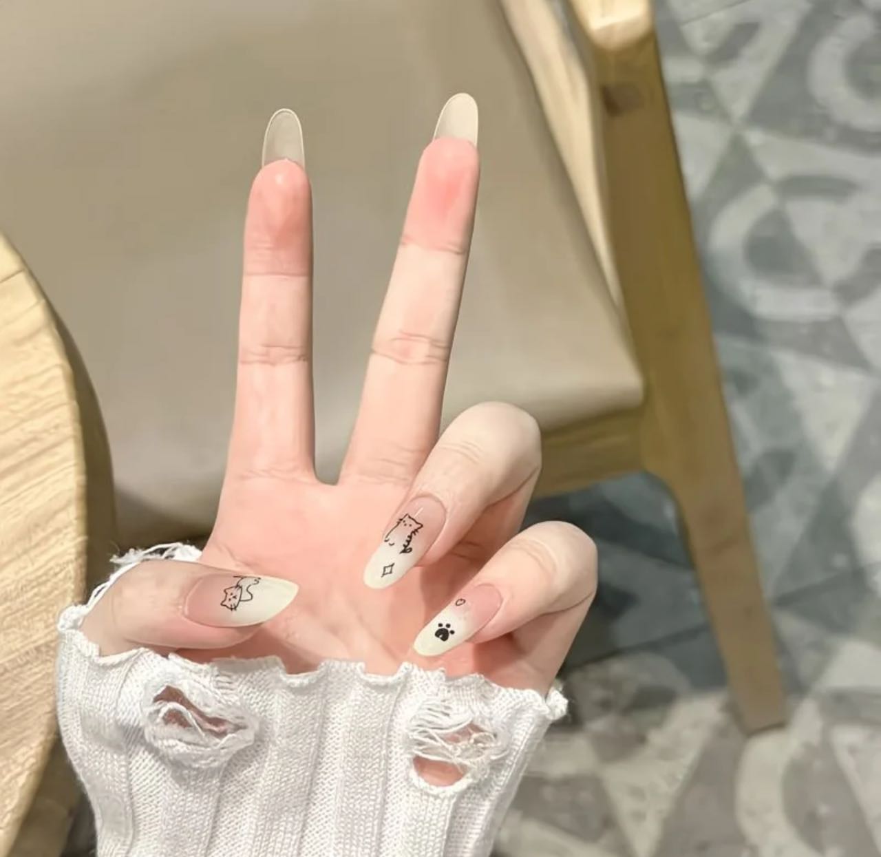 Sunshine French Plaid Nails & Minimal Cat Art Nude Nails