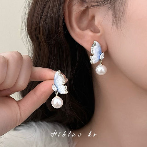 Blue Butterfly Pearl Drop Earrings