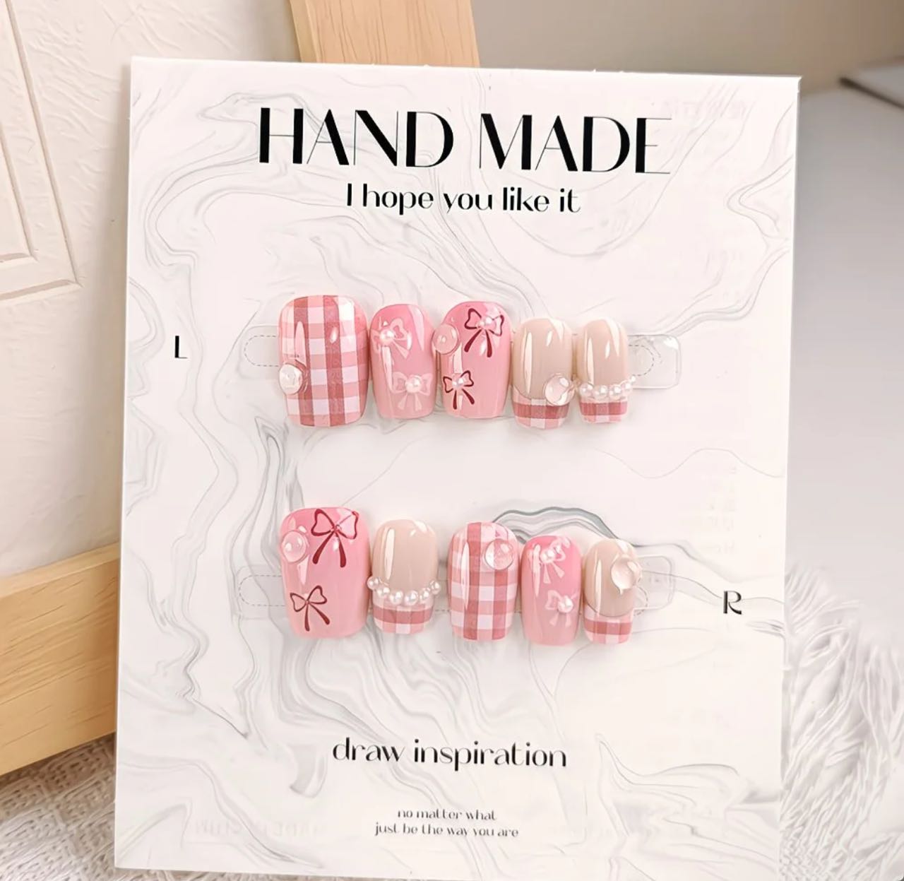 Pink Gingham Bow Nails