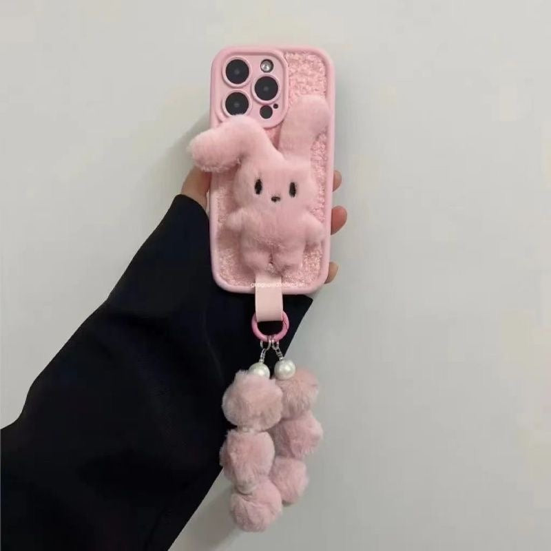 Cute Plush Teddy Bear iPhone Case with Pom-Pom Strap