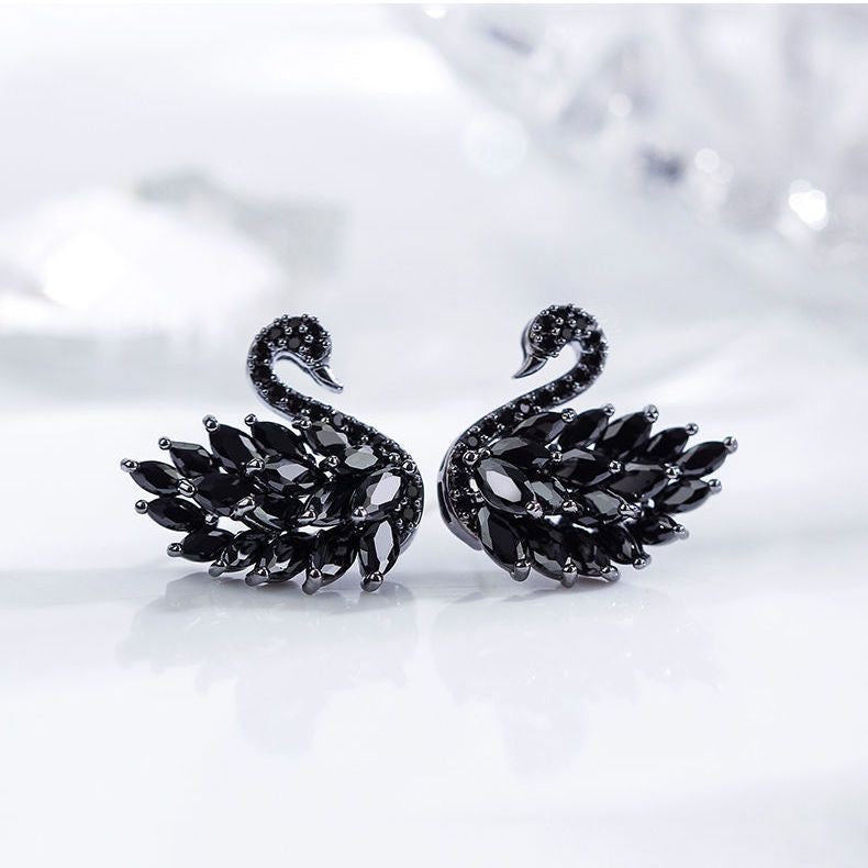 Luxury Crystal Swan Earrings – Purple, Black & White