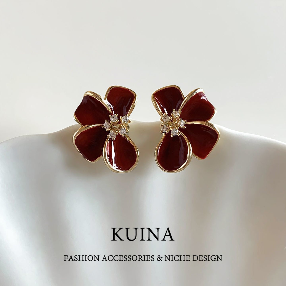 Elegant Red & Pink Enamel Flower Stud Earrings
