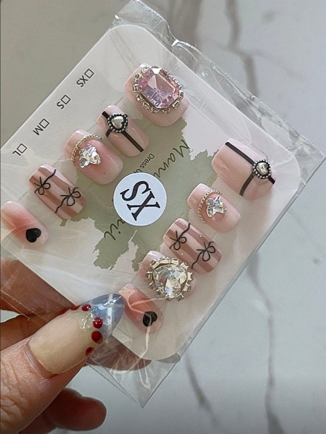 Pink Ribbon Heart Glam Nails