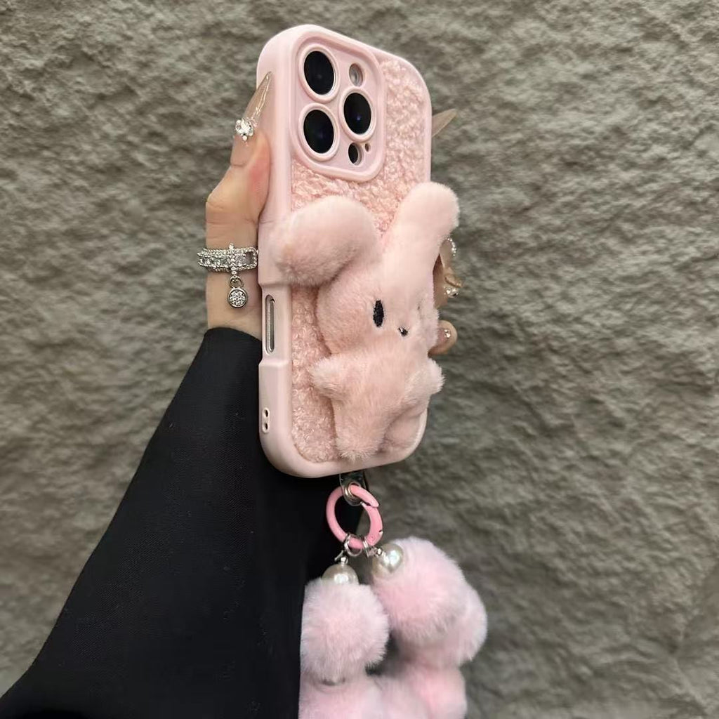Cute Plush Teddy Bear iPhone Case with Pom-Pom Strap