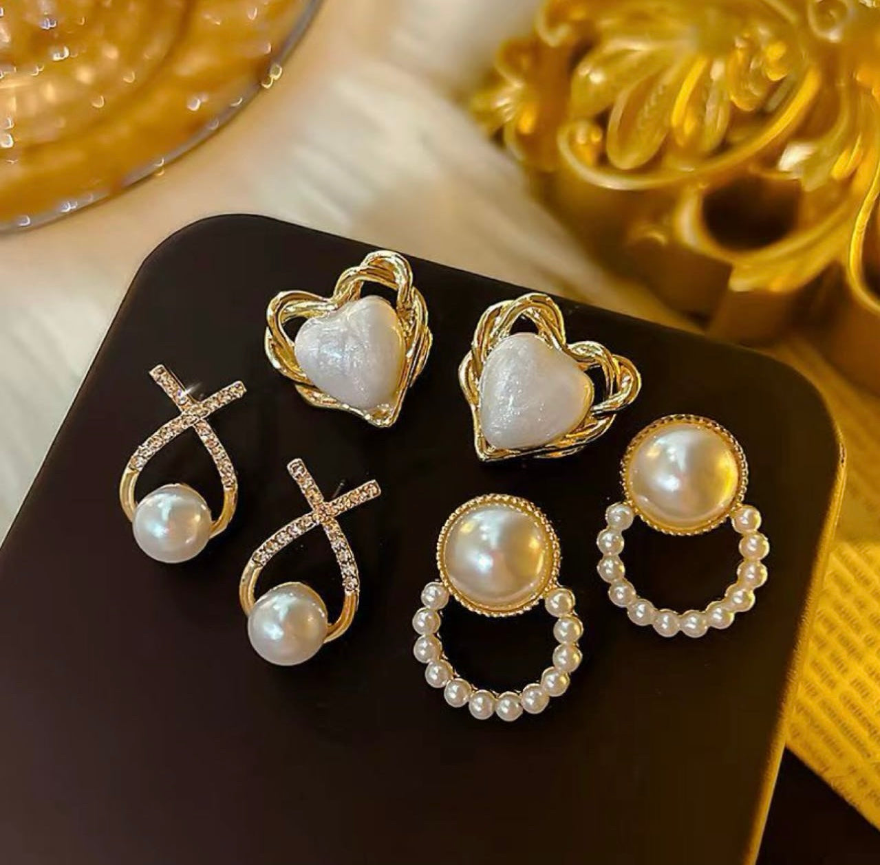 Elegant Pearl & Gold Crystal Earring Set – 6 Pairs Luxury Collection