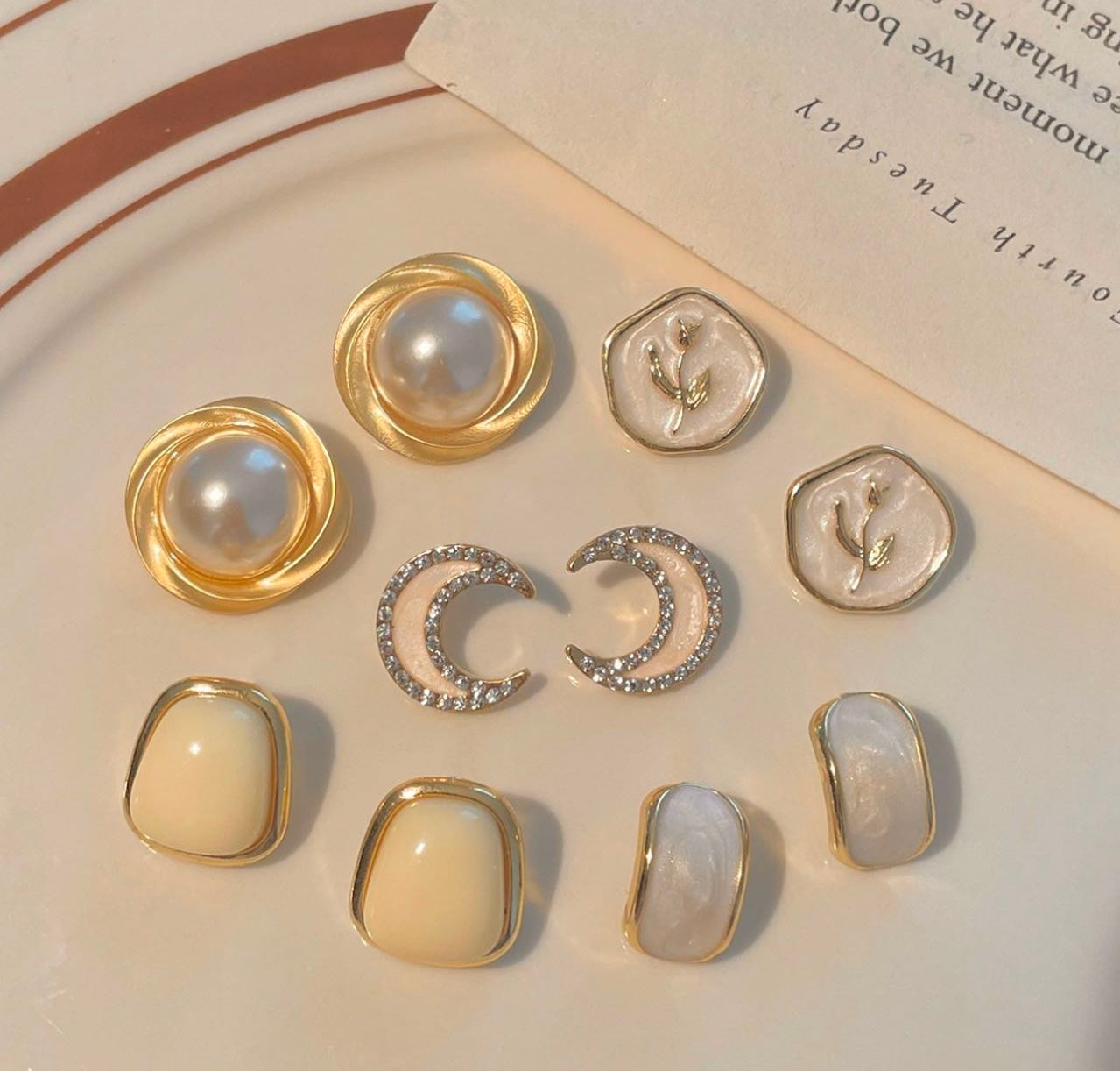 Cristen Pearl & Floral Earring Set – 9 Pairs Elegant Gold Design