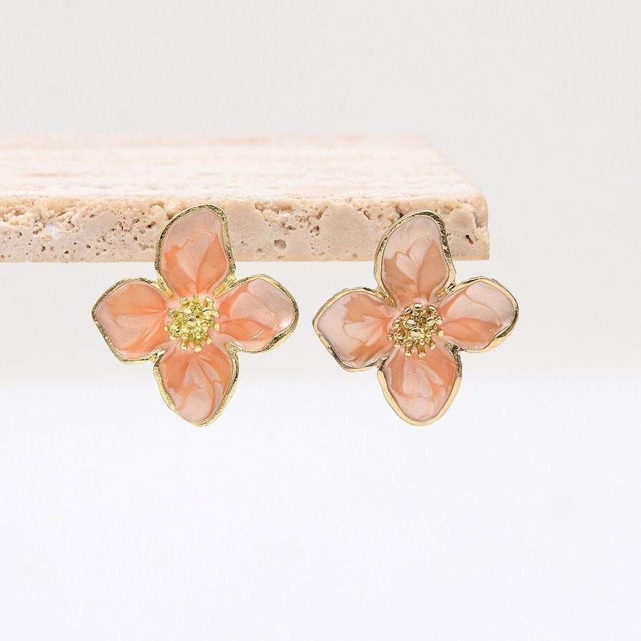 Elegant Floral Enamel Stud Earrings – 4 Color Collection