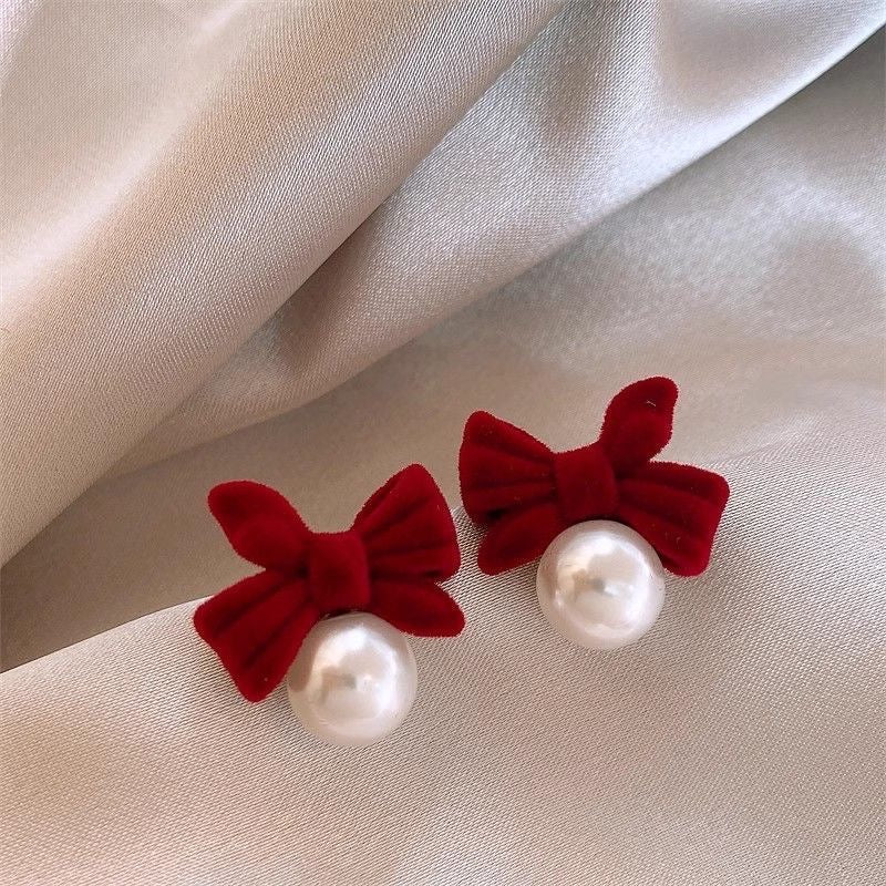 Velvet Bow Pearl Stud Earrings
