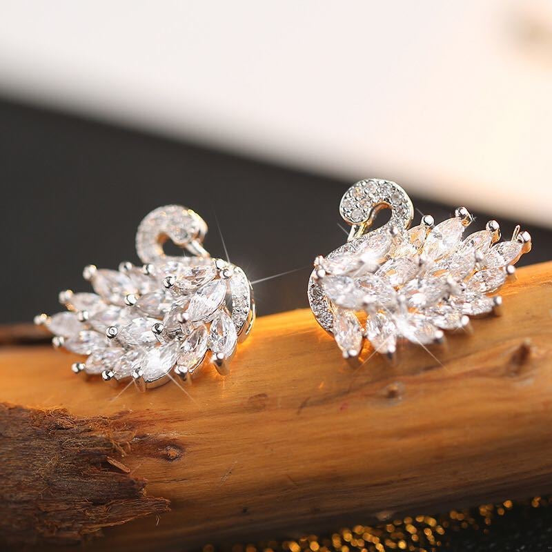 Luxury Crystal Swan Earrings – Purple, Black & White