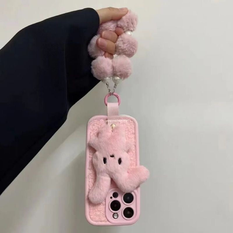 Cute Plush Teddy Bear iPhone Case with Pom-Pom Strap