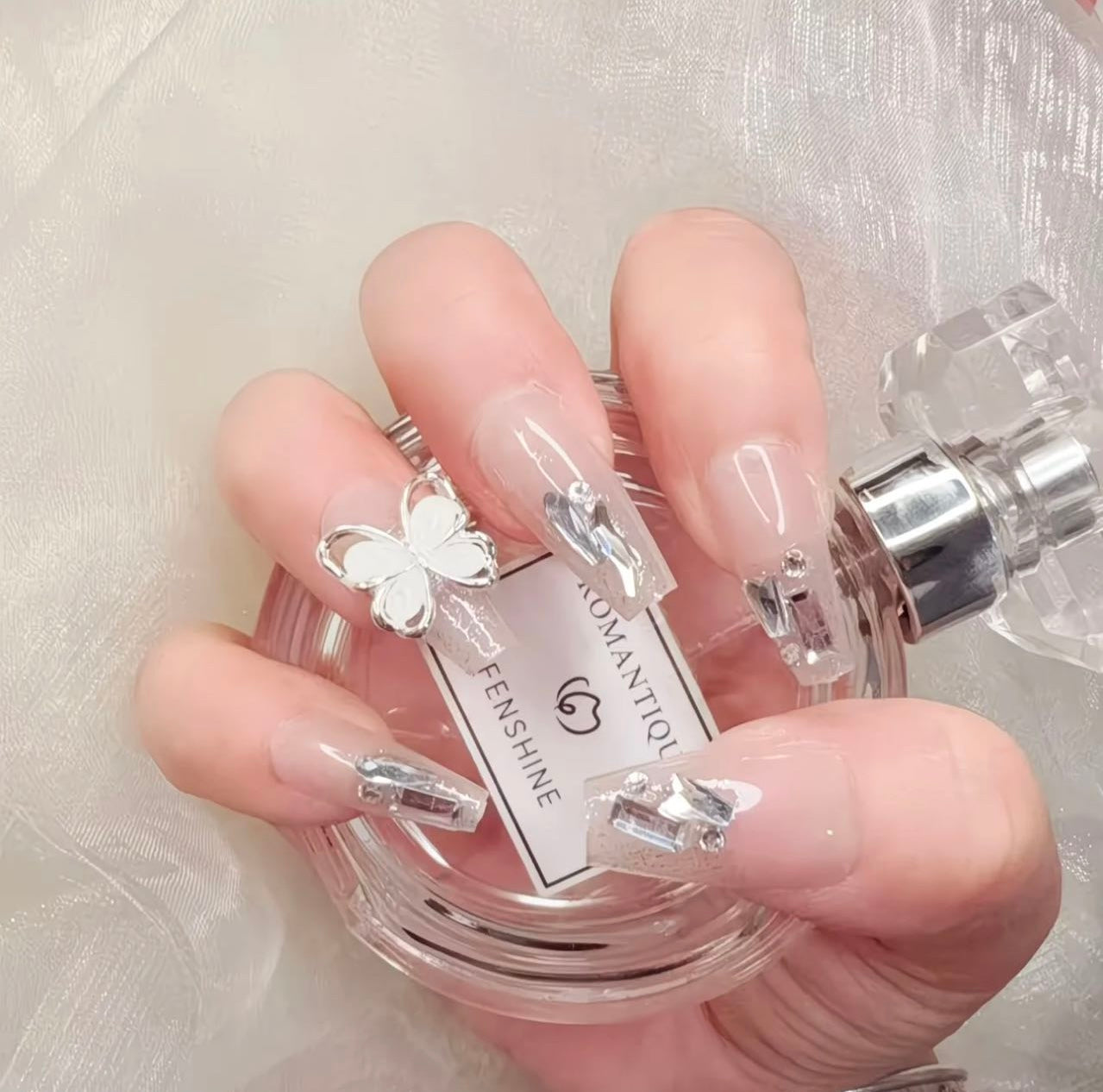 Butterfly Charm Nude Nails – Crystal Glitter Press-On Set