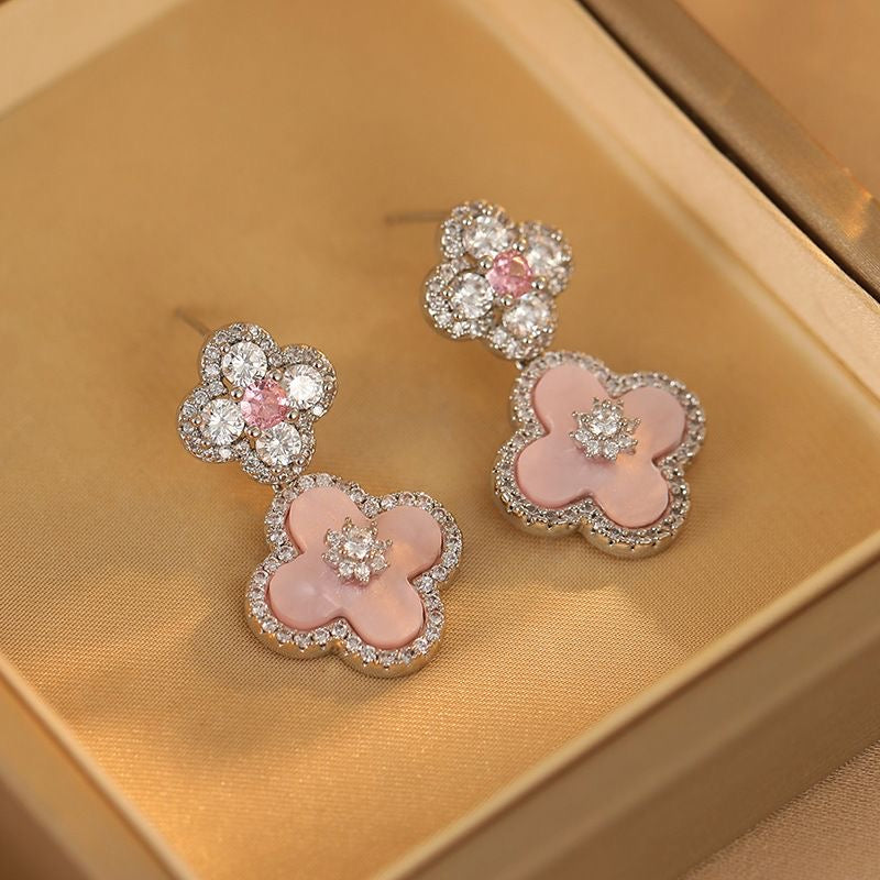 Emerald & Pink Clover Floral Drop Earrings