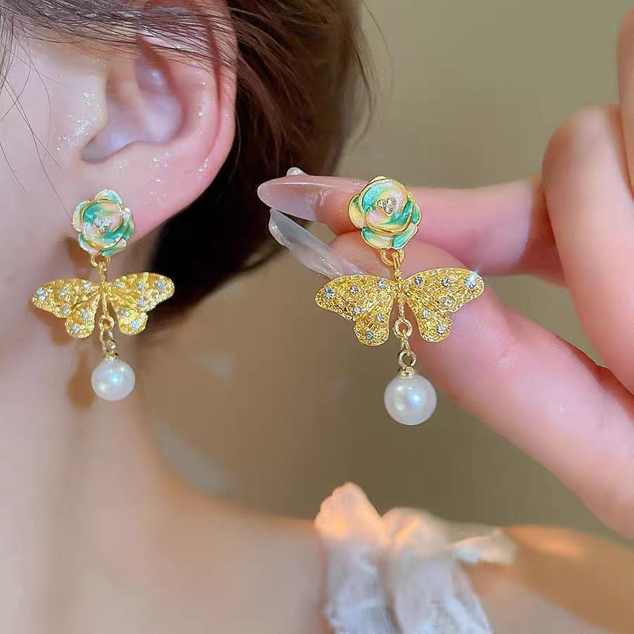 Elegant Butterfly & Flower Pearl Earrings