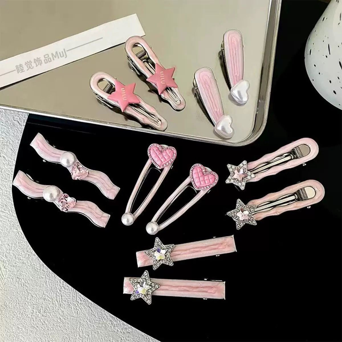 Kawaii Pastel Pearl & Crystal Hair Clip Set – 5-Piece Decorative Barrettes