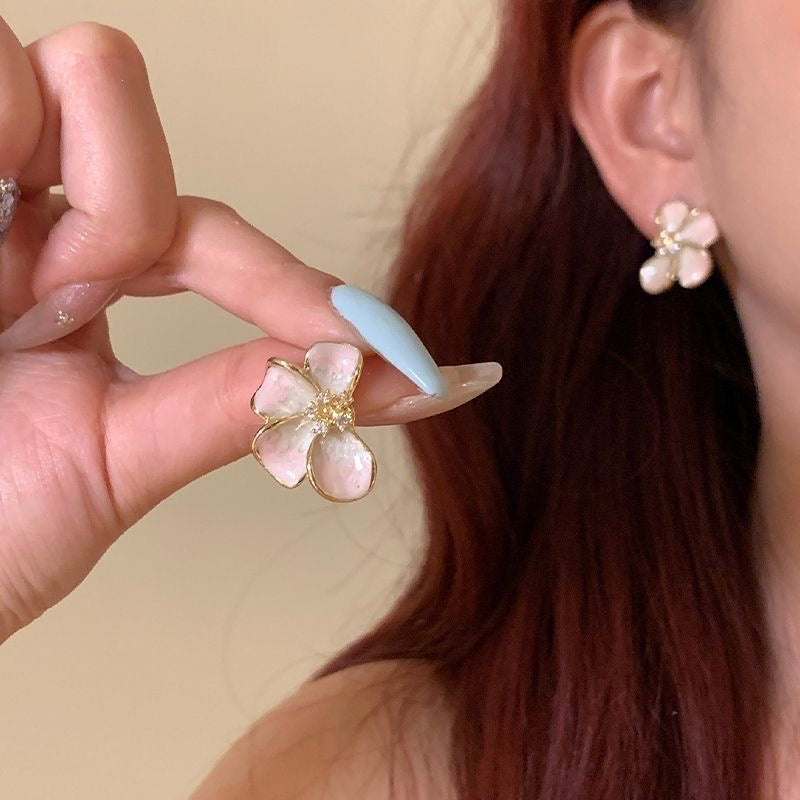 Elegant Red & Pink Enamel Flower Stud Earrings