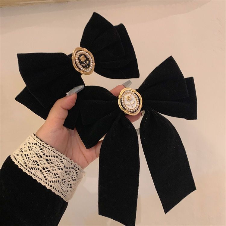 Vintage Velvet Bow Hair Clip with Cameo Pearl Barrette