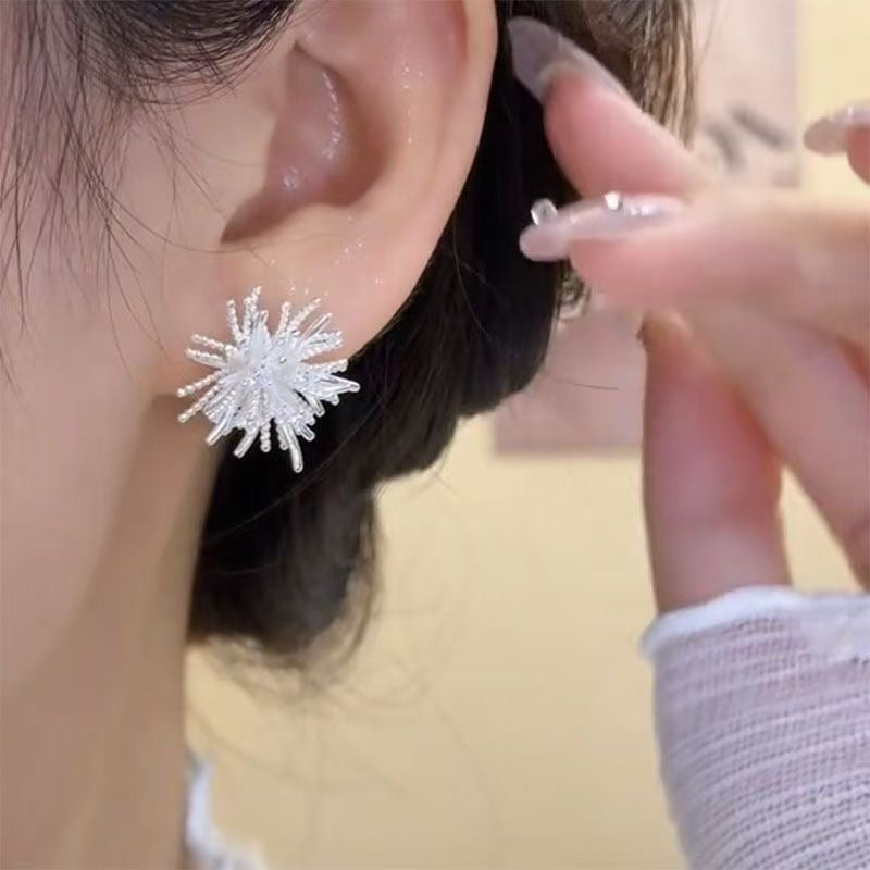 Silver Crystal Starburst Flower Stud Earrings