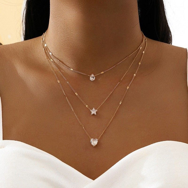 Elegant 3-Layer Star & Heart Pendant Necklace