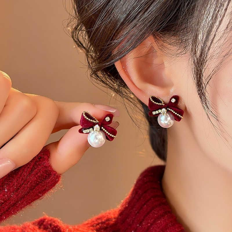 Velvet Bow Pearl Stud Earrings