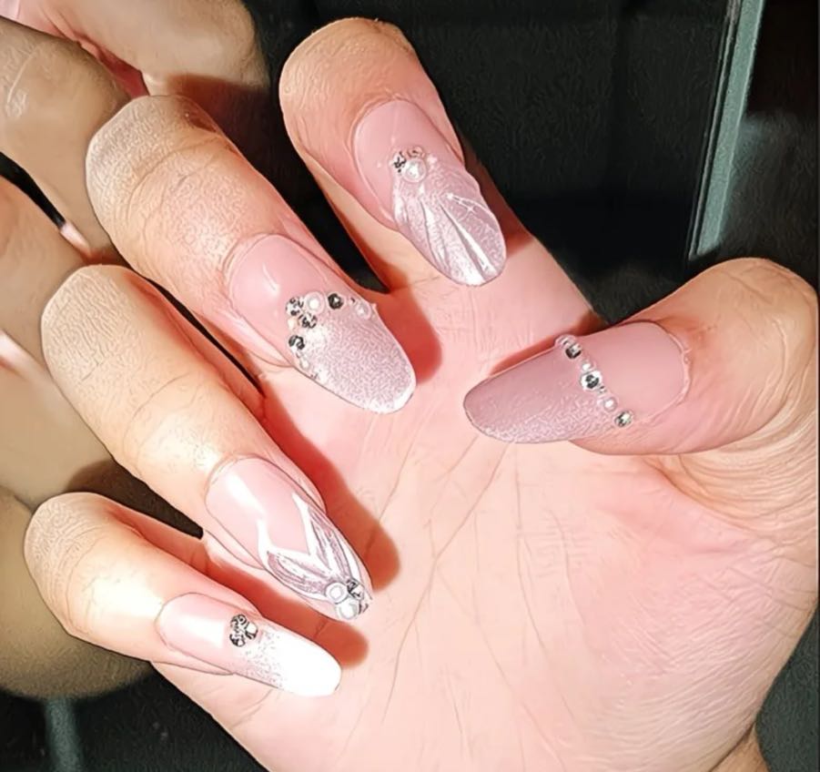 Crystal Bow Charm Nude Nails