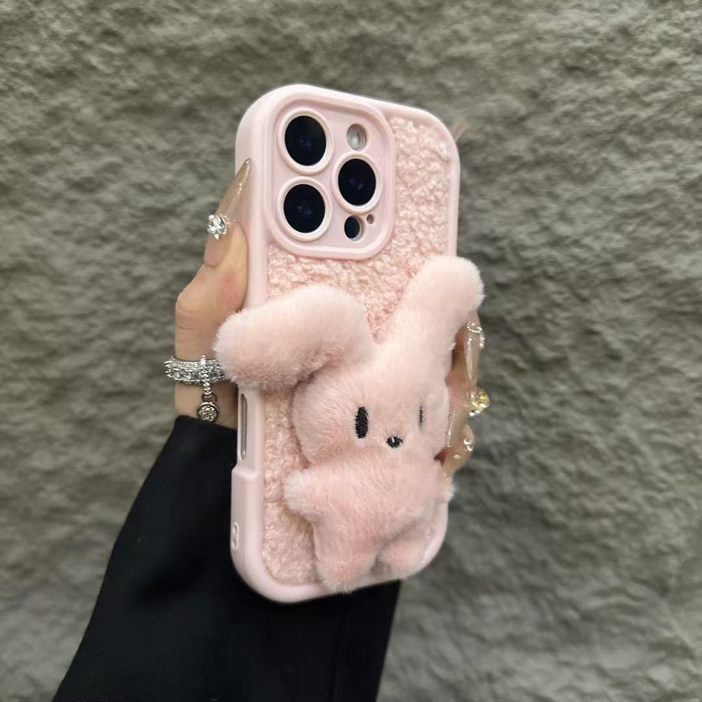 Cute Plush Teddy Bear iPhone Case with Pom-Pom Strap