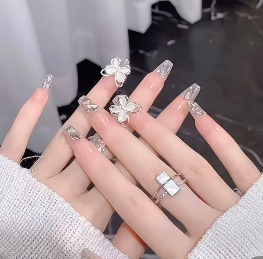 Butterfly Charm Nude Nails – Crystal Glitter Press-On Set
