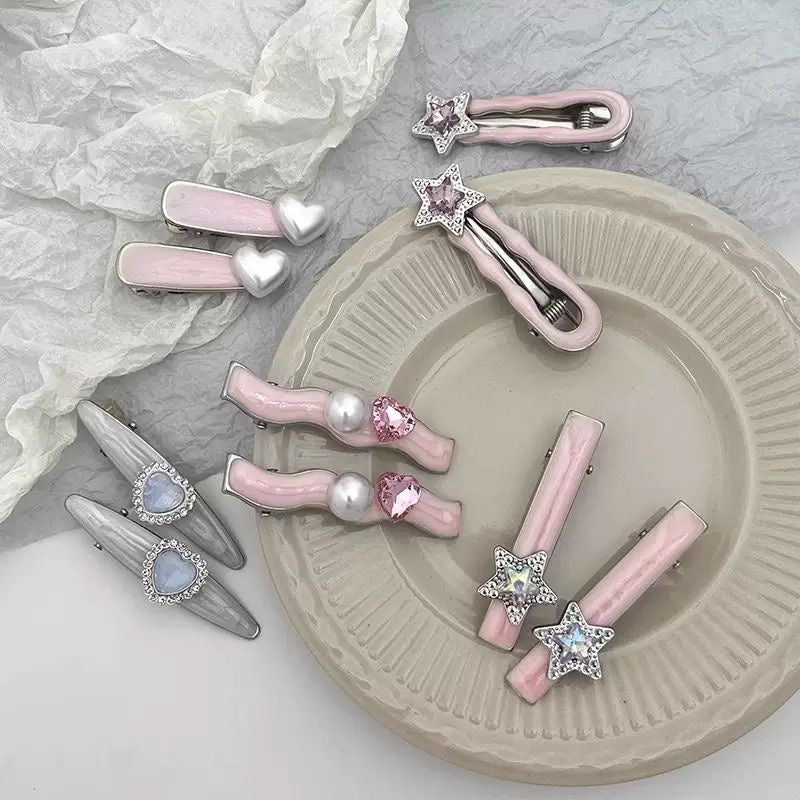 Kawaii Pastel Pearl & Crystal Hair Clip Set – 5-Piece Decorative Barrettes