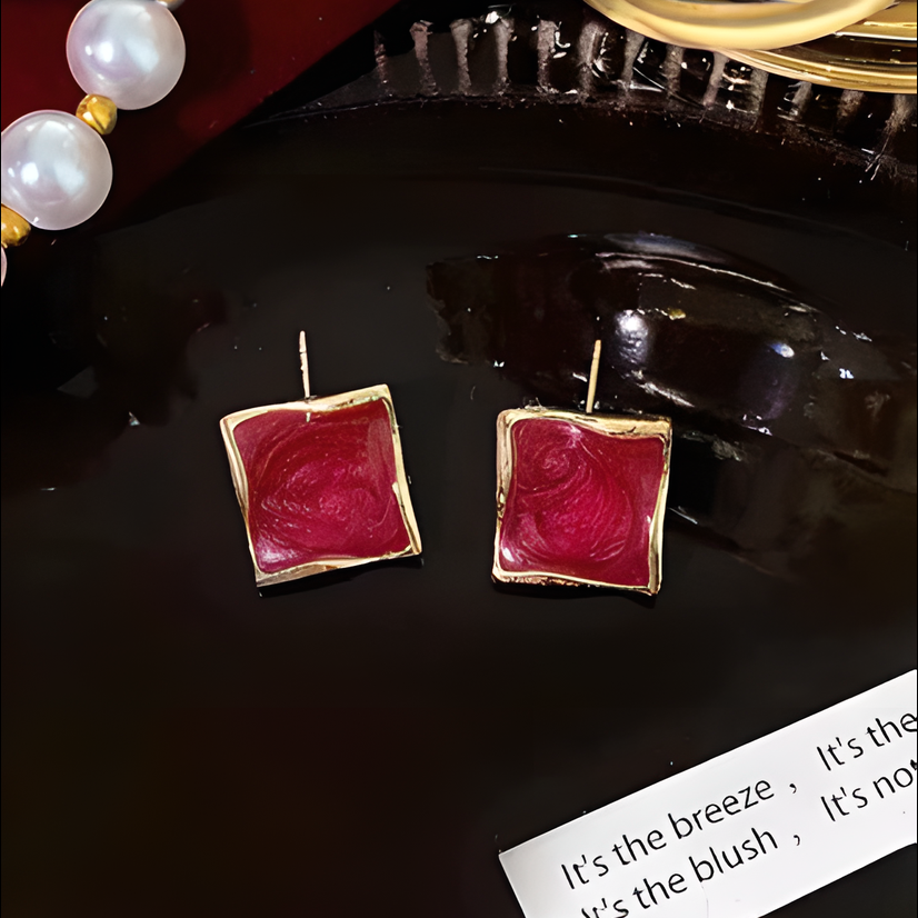 Red Enamel Square Stud Earrings