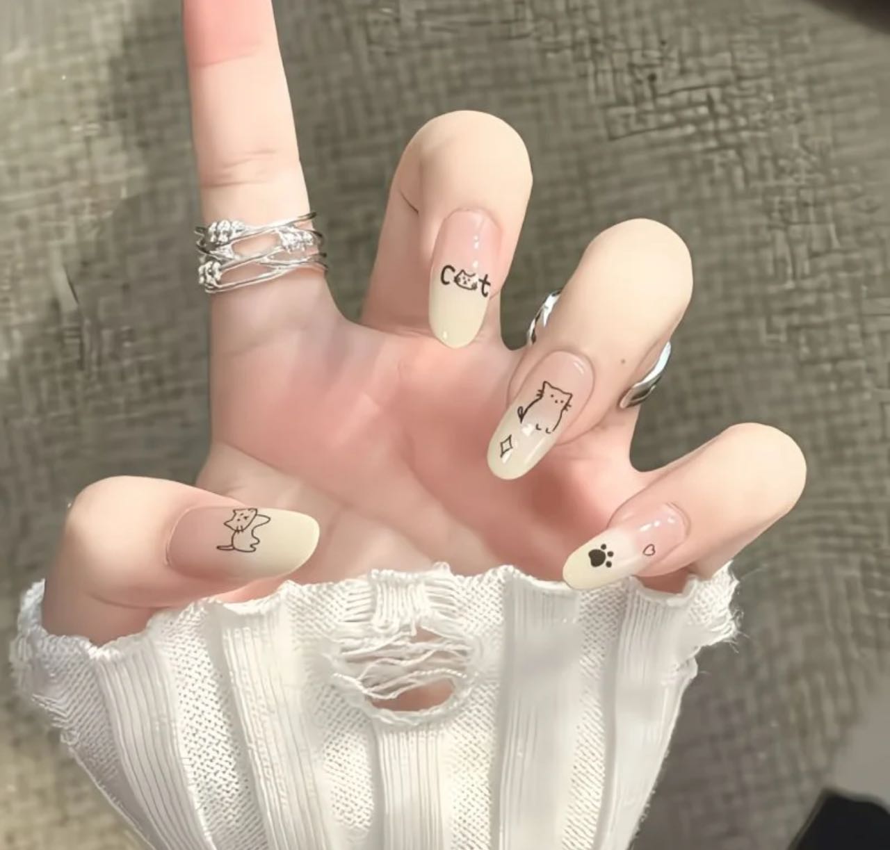 Sunshine French Plaid Nails & Minimal Cat Art Nude Nails