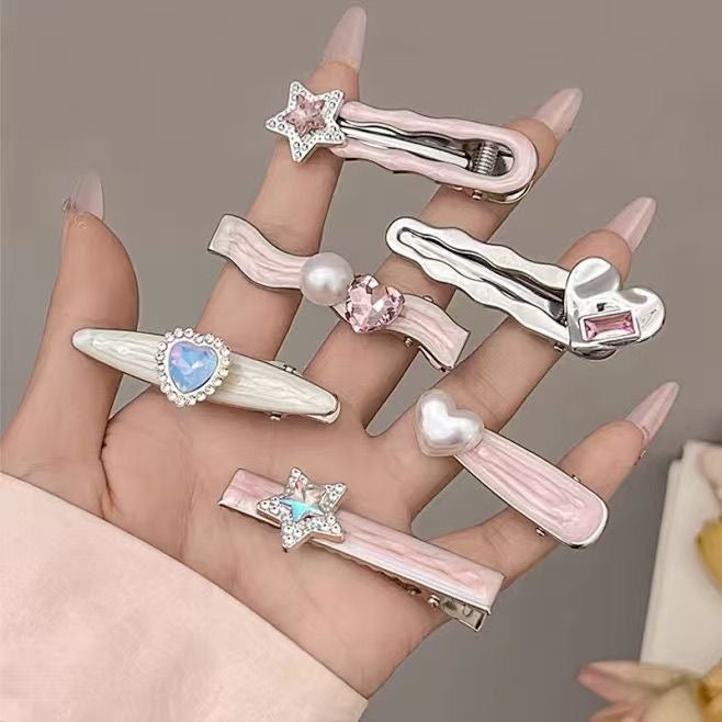 Kawaii Pastel Pearl & Crystal Hair Clip Set – 5-Piece Decorative Barrettes