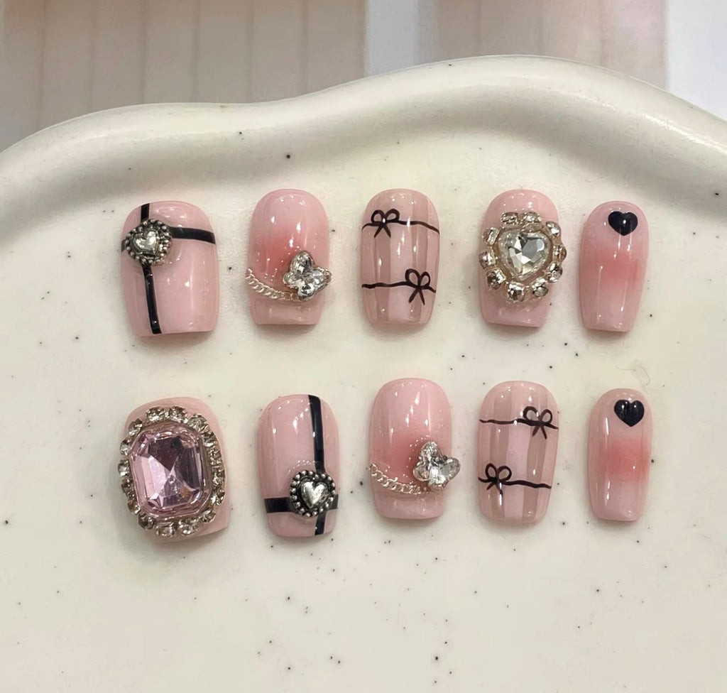 Pink Ribbon Heart Glam Nails
